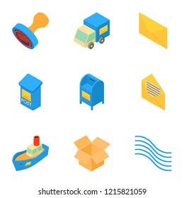 Snail mail icons set. Isometric set of 9 snail mail vector icons for web isolated on white background