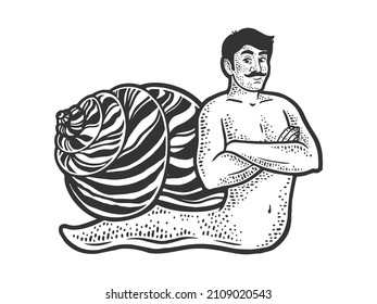 snail man sketch engraving vector illustration. T-shirt apparel print design. Scratch board imitation. Black and white hand drawn image.