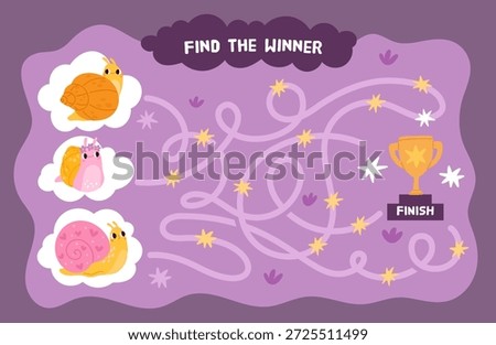 Snail maze game design. Slugs with shells race through labyrinth, funny shellfish, kids educational game, finding way, tangled paths for children garish vector cartoon flat style isolated concept