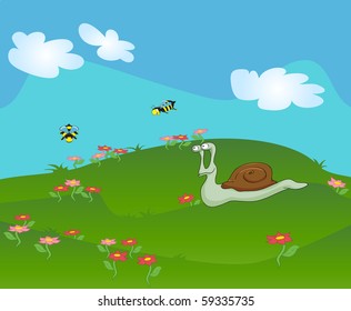 Snail in the meadow cartoon illustration.