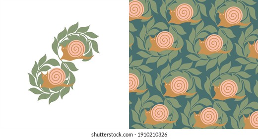 SNAIL MOLLUSK,  LEAWES, ABSTRACT, VECTOR SEAMLESS, TEXTILE, POSTCARD, LEAVES PATTERN, VECTOR