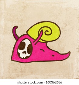 Caracol Monstro Cartoon Esqueleto. Ilustração de vetor desenhado à mão bonito, fundo de textura de papel vintage