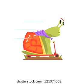Snail Monster In Purple Scarf Riding A Scooter, Alien Camping And Hiking Cartoon Illustration