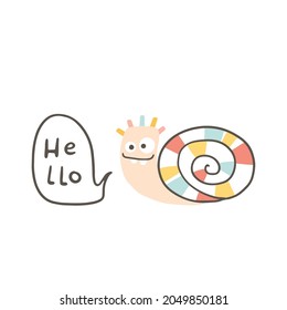 The snail monster smiles. He says hello. Cute cartoon character in simple hand drawn scandinavian style. Vector childish doodle illustration. Baby card, print for clothes