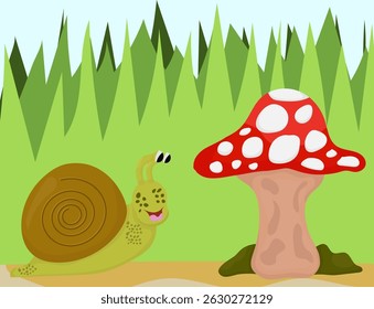 Snail and Mushroom in Cartoon Forest Scene Vector