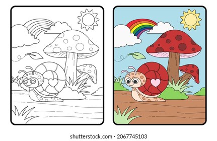 Snail and mushroom coloring book or page, education for children.