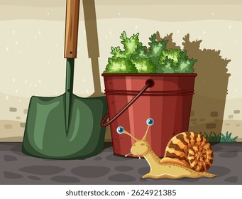 A snail near a shovel and potted plant
