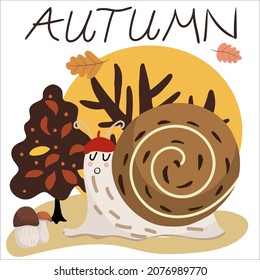 Snail on the background of the forest, with mushrooms, lettering Autumn.