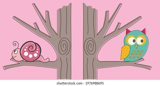 snail on a branch and an owl on a tree branch