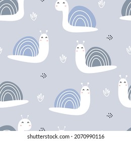Snail on a gray background seamless pattern background. Cartoon style hand drawn design for baby clothes pattern, blanket. or print wallpaper vector illustration