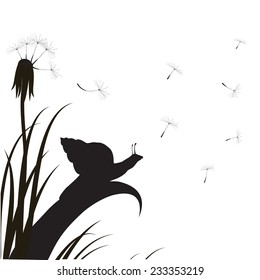 snail on the leaf looks at flying dandelion