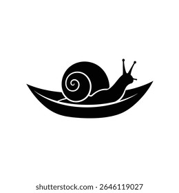Snail on a leaf simple black silhouette illustration.