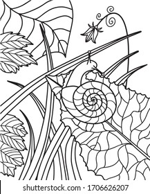 Snail on a leaf vector illustration on a white background, color book line art