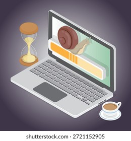 
Schnecke auf einer Ladestange symbolisiert langsamen Internet. Verbindung mit Fehlern und Störungen beim langsamen Laden der Website. 3d flache isometrische Vektorgrafik auf dunklem Hintergrund.