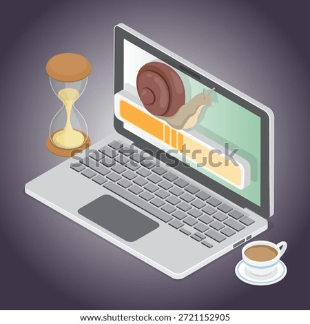 
Snail on a loading bar symbolizing slow internet. Connection with errors and glitches on a slow website loading. 3d flat isometric vector illustration on a dark background.