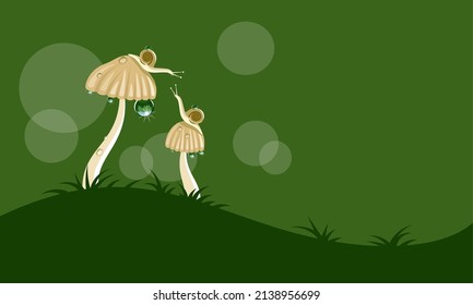 Snail on mushroom and dew sparkling, with space for text, as banner or template, spring theme. vector illustration.