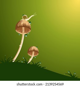 Snail on mushroom and dew sparkling, with space for text, as banner or template, spring theme. vector illustration.
