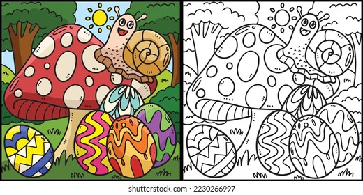 Snail on Mushroom with Easter Eggs Illustration