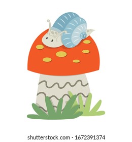 Snail on mushroom vector illustration cartoon isolated on white background. 
