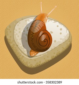 Snail on the stone, view from above, top view. Vector design for app user interface