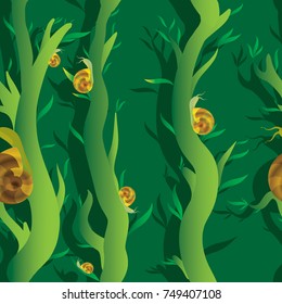 snail on a vine in the swamp seamles pattern