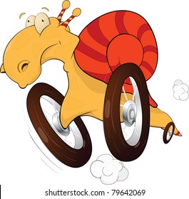 Snail on wheels. The race driver. Cartoon