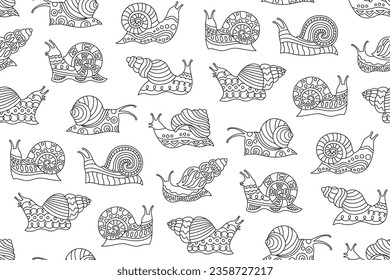 Snail with ornament doodle seamless pattern. Abstract repeat decoration linear contour mollusk background. Snails endless design for banner, flyer poster, postcard, advertising, invitation vector