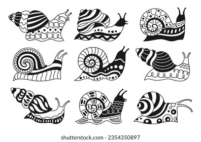 Snail with ornament doodle set. Abstract funny baby spiral linear mollusk. Comic snails slug kid trendy design for banner, flyer poster, postcard, advertising, invitation. Detailed graphic vector