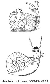 Imagen vectorial de ilustración de contorno de caracol. 
Obra de arte con imágenes de caracol dibujadas a mano. 
Sencillo y lindo logo original de un caracol monocromo.
Ilustración vectorial dibujada a mano para afiches, tarjetas, camisetas.