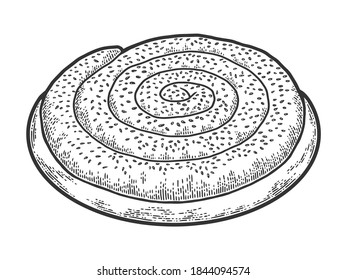 Snail pie, rounded confection. Engraving vector illustration. Sketch scratch board imitation.