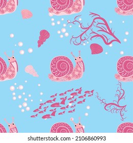 Snail pink, sea inhabitants seamless pattern, beautiful character among seashells, seaweed, starfish, sea animals of wildlife.
