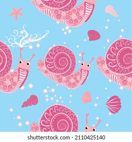 Snail pink, sea inhabitants seamless pattern, beautiful character among seashells, seaweed, starfish, sea animals of wildlife.