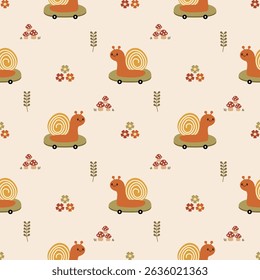 Snail play skateboard cartoon so cute. On mushrooms flower background. Pattern seamless vector illustration. 