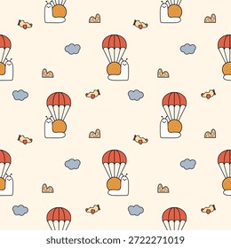 Snail play skydiving cartoon so cute. On cloud mountain airplanes background. Pattern seamless vector illustration. 