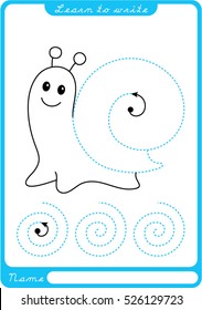 Snail. Preschool worksheet for practicing fine motor skills - tracing dashed lines.  Illustration and vector outline - A4 paper ready to print.