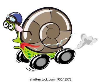 Snail racer rushing at high speed. Humor sketch