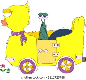 Snail is riding the Duck car. Vector EPS 10 illustration.
