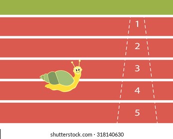 Snail running on red rubber track, vector illustration.