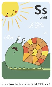 Snail S letter. A-Z Alphabet collection with cute cartoon animals in 2D. Snail crawling hastily under the sun. Green snail with colorful shell and mustache is smiling. Hand-drawn funny simple style.