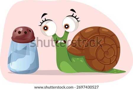 
Snail Scared by a Salt Shaker Vector Cartoon Character. Concerned animal feeling frightened and stressed out about immediate danger