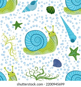 Snail, sea inhabitants seamless pattern, beautiful character among seashells, seaweed, starfish, sea animals of wildlife.