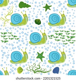 Snail, sea inhabitants seamless pattern, beautiful character among seashells, seaweed, starfish, sea animals of wildlife.