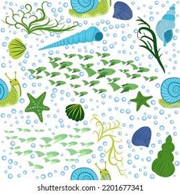 Snail, sea inhabitants seamless pattern, beautiful character among seashells, seaweed, starfish, sea animals of wildlife.