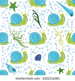 Snail, sea inhabitants seamless pattern, beautiful character among seashells, seaweed, starfish, sea animals of wildlife.