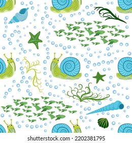 Snail, sea inhabitants seamless pattern, beautiful character among seashells, seaweed, starfish, sea animals of wildlife.