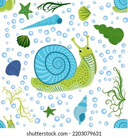 Snail, sea inhabitants seamless pattern, beautiful character among seashells, seaweed, starfish, sea animals of wildlife.