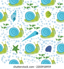 Snail, sea inhabitants seamless pattern, beautiful character among seashells, seaweed, starfish, sea animals of wildlife.