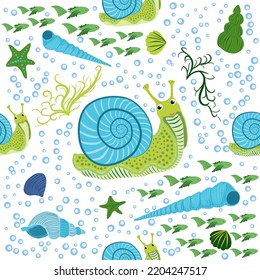 Snail, sea inhabitants seamless pattern, beautiful character among seashells, seaweed, starfish, sea animals of wildlife.