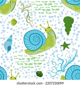 Snail, sea inhabitants seamless pattern, beautiful character among seashells, seaweed, starfish, sea animals of wildlife.