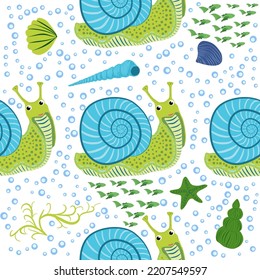 Snail, sea inhabitants seamless pattern, beautiful character among seashells, seaweed, starfish, sea animals of wildlife.